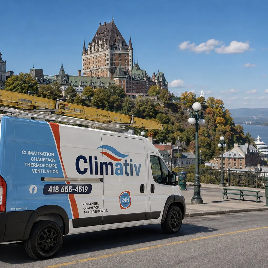Camion Climativ stationné sur la terrasse Dufferin, devant le Château Frontenac à Québec